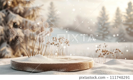 Circle Podium Earthy Brown against Snowy Landsca  Idea for Product Placement and Presentation 111748291