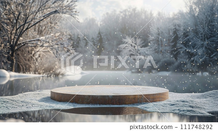 Circle Podium Earthy Brown against Snowy Landsca  Idea for Product Placement and Presentation 111748292