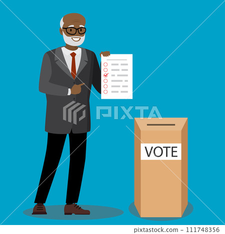 african american male senior with voting sheet and ballot box african american male senior with voting sheet and ballot box 111748356