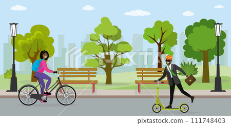 African american Woman on a bicycle and businessman on a scooter, African american Woman on a bicycle and businessman on a scooter, 111748403