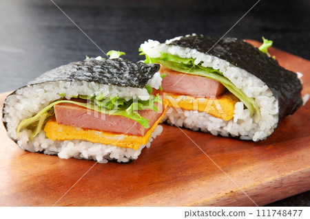 Pork egg rice ball 111748477