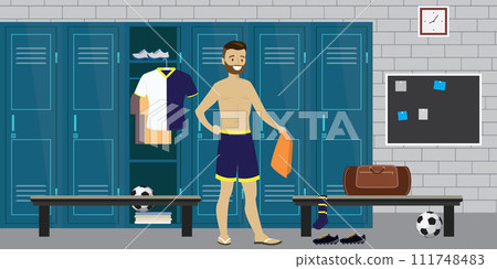 Dressing room interior with lockers and Football player with sporting equipment Dressing room interior with lockers and Football player with sporting equipment 111748483