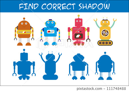 Kids game with robots,find correct shadows,template page Kids game with robots,find correct shadows,template page 111748488