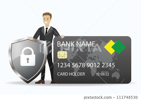 Young caucasian businessman holding credit card and shield with Young caucasian businessman holding credit card and shield with 111748530
