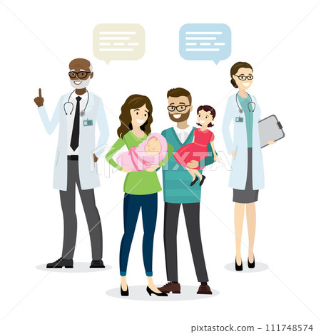 Cartoon couple with newborn baby and doctors,healthy concept, 111748574