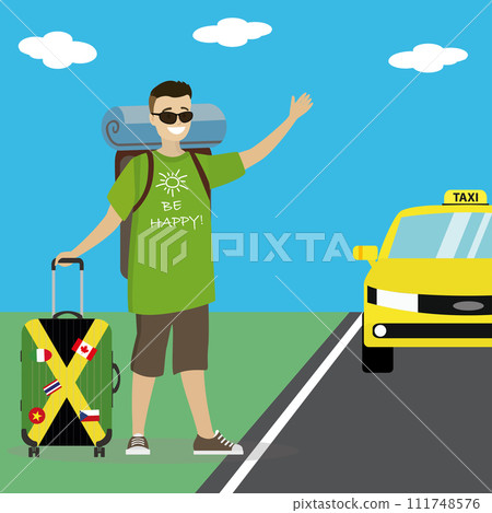 Caucasian man with suitcase hitchhiking on the roadside. Caucasian man with suitcase hitchhiking on the roadside. 111748576
