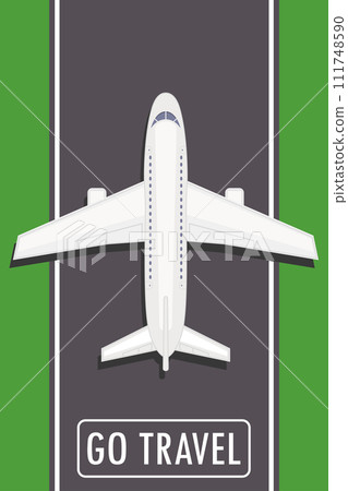 Airplane on the runway top view,go travel button or banner Airplane on the runway top view,go travel button or banner 111748590
