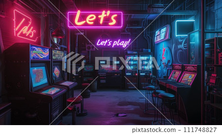 Let's Play Colorful Neon Lettering Cyberpunk Style 111748827