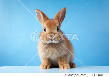 Cute brown rabbit sitting on solid blue background Cute brown rabbit sitting on solid blue background 111748896