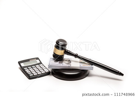 An isolated image of a judge's gavel on a stack of cash with a calculator, signifying legal fines or bail. An isolated image of a judge's gavel on a stack of cash with a calculator, signifying legal fines or bail. 111748966