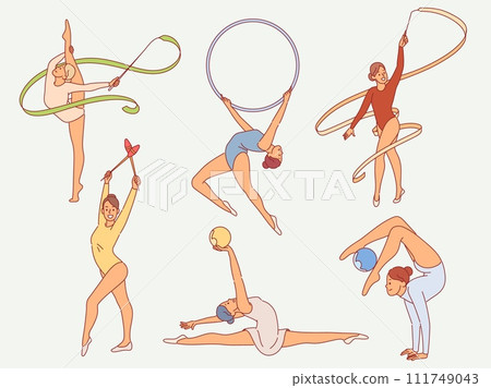 Flexible rhythmic gymnasts. Slender girls in swimsuits with balls, ribbons and hoops, preparation for sports competitions. Sports performance, cartoon flat style isolated vector set 111749043
