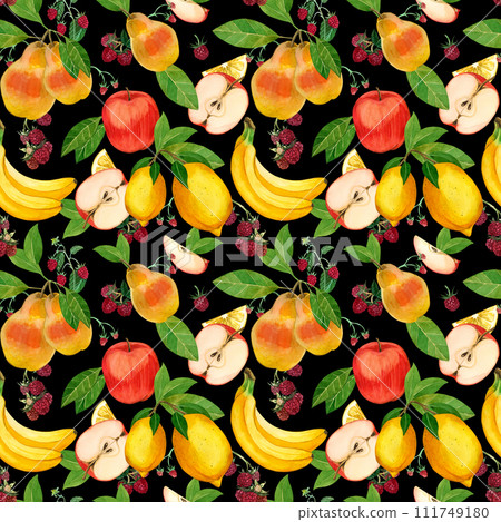 Watercolor seamless pattern. Ripe fruits and berries: apples, bananas, raspberries, pears, lemons, fruit slices, hand-painted in watercolors. For printing on fabric and paper, for kitchens, dishes 111749180
