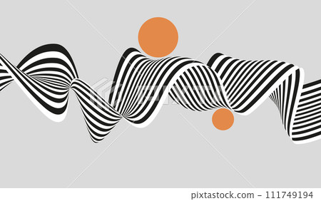 Abstract striped wave background with orange circles, swirling black and white lines on a gray background Abstract striped wave background with orange circles, swirling black and white lines on a gray background 111749194