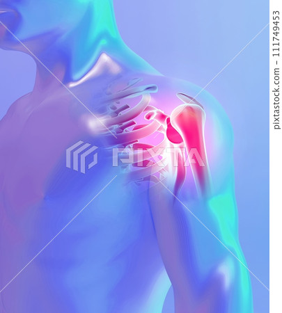 Shoulder painful skeleton x-ray, 3D illustration. 111749453
