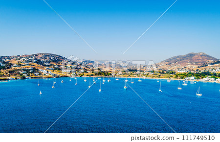 Aerial view of sailboats floating in the sea, Paros, Greece Aerial view of sailboats floating in the sea, Paros, Greece 111749510
