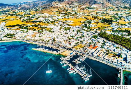 Top down aerial view of boats in harbour, Paros island Top down aerial view of boats in harbour, Paros island 111749511