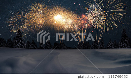 Amazing winter with snow, forest and starry sky with fireworks at night. New Year's and Christmas night with golden fireworks, creative idea. New Year 2024 party on the nature, card Amazing winter with snow, forest and starry sky with fireworks at night. New Year's and Christmas night with golden fireworks, creative idea. New Year 2024 party on the nature, card 111749662