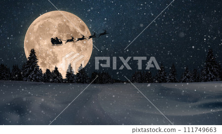 Santa Claus in a sleigh with reindeer flies over the earth in the night starry sky with an amazing big moon with snow. Magic and Happy New Year 2024, concept. Night forest with snow field Santa Claus in a sleigh with reindeer flies over the earth in the night starry sky with an amazing big moon with snow. Magic and Happy New Year 2024, concept. Night forest with snow field 111749663