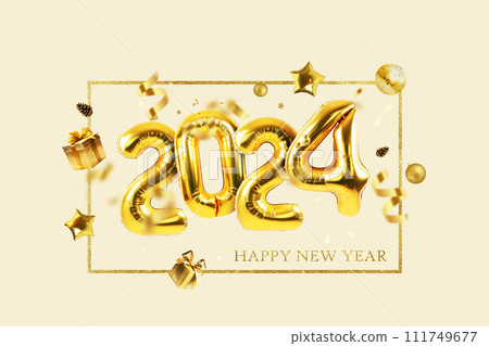 Gold balloons 2024 with confetti, gold mirrored balloon party, stars, gifts and gold strip on a light beige background. Happy New Year 2024 creative 111749677