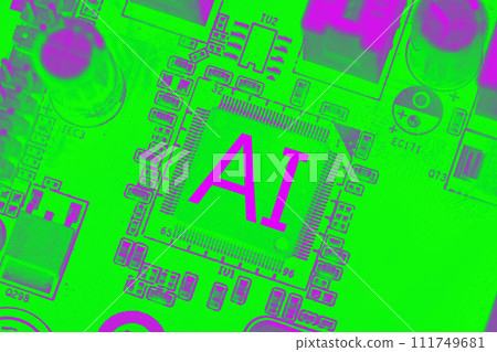 AI, creative idea. Chip and artificial intelligence with green and pink color, concept. Chip and computer hardware, close-up. Motherboard with transistors 111749681
