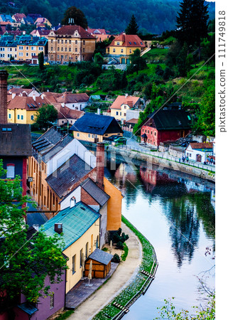 Beautiful old buildings on the river bay of Cesky Krumlov Beautiful old buildings on the river bay of Cesky Krumlov 111749818