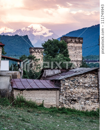 View on historical defensive towers in Mestia 111749943