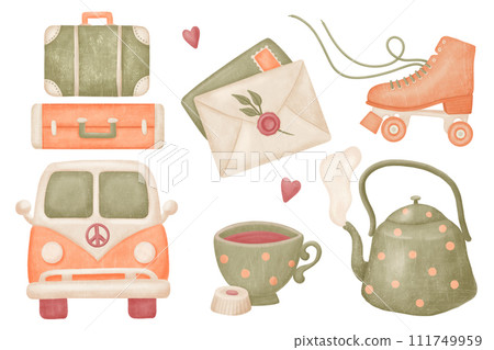 90's retro objects illustration set. Van, suitcases, letter, roller, mug, kettle. Clip art 111749959