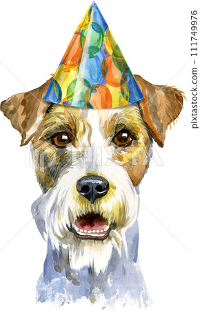 Watercolor portrait of airedale terrier dog in party hat Watercolor portrait of airedale terrier dog in party hat 111749976