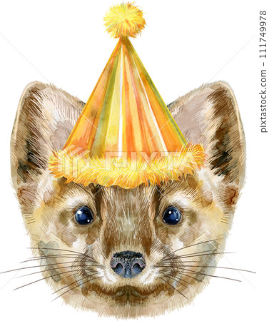 Watercolor portrait of a sable in party hat on a white background 111749978