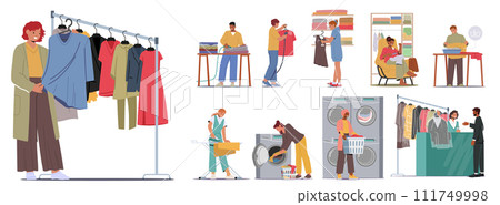Set of Characters Care of Clothes. Men and Women Washing, Ironing, Sewing, Visiting Public Laundry and Vacuuming Garment 111749998