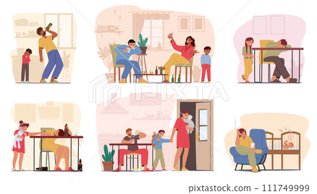 Alcoholism In Family Scenes With Drunk Parents And Unhappy Kids. Inebriated Mother Or Father Characters 111749999