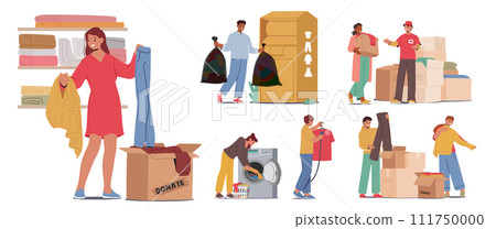 Set of Characters Prepare and Bringing Clothes for Recycling and Donation. Compassionate Volunteers Donating Garments Set of Characters Prepare and Bringing Clothes for Recycling and Donation. Compassionate Volunteers Donating Garments 111750000