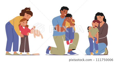 Parents Gently Wrap Their Arms Around Their Crying Children, Comforting And Calming Down Them, Vector Illustration 111750006