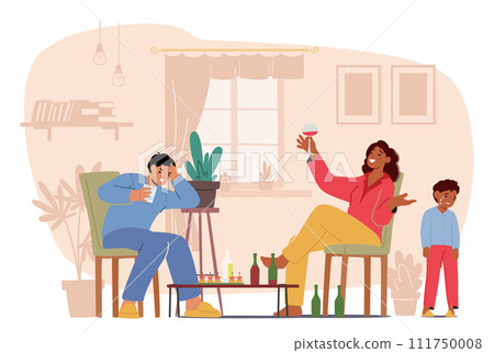 Alcoholism in Family Concept. Father And Mother Characters, Absorbed In Their Alcoholic Drinks, Sit Indifferently 111750008
