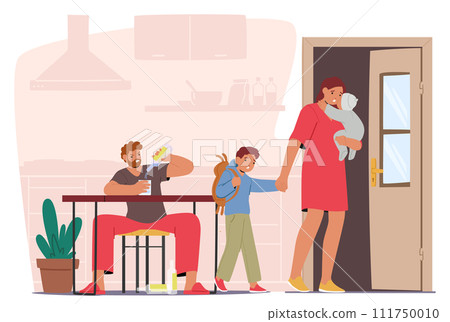 Mother, Burdened With Children, Departs From Home, Leaving Behind A Drunken Father Character With A Bottle 111750010