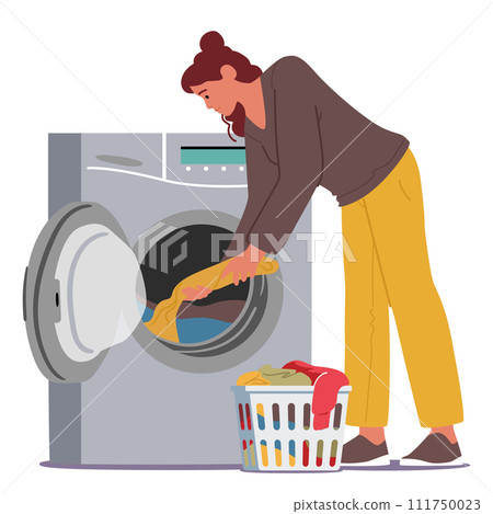 Female Character Loads Clothes Into The Washing Machine, Meticulously Arranging Garments For A Thorough Clean Female Character Loads Clothes Into The Washing Machine, Meticulously Arranging Garments For A Thorough Clean 111750023