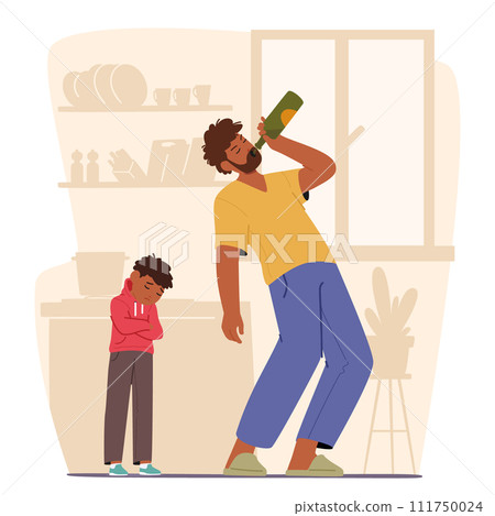 Father Drinks Alcohol, Son Stands beside Quietly. A Hint Of Sadness In The Child Eyes As He Wipes Away A Few Tears 111750024