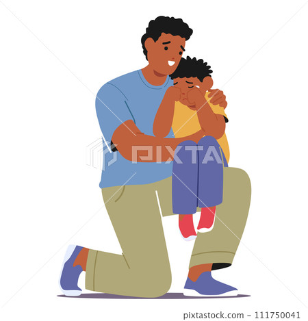 Father Gently Wraps His Arms Around His Little Son, Whispering Words Of Comfort, Drying Tears With A Tender Touch 111750041