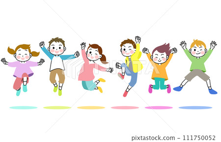 插畫素材：6個孩子跳躍得勁爆，帶有彩色陰影 111750052