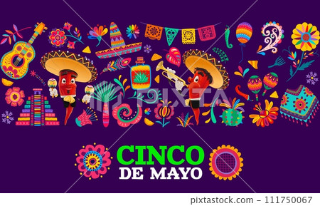 Cinco de mayo mexican holiday poster. Colorful background with cartoon vector chili peppers wear mariachi sombrero hats, playing maracas and trumpet. Greeting card for traditional event of Mexico 111750067