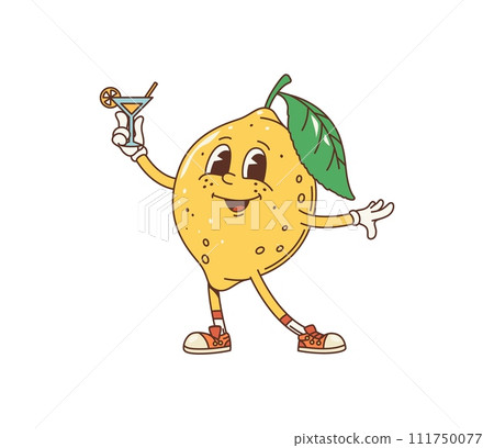 Cartoon retro lemon fruit groovy character. Isolated vector comic food personage with sunny smile and nostalgic funky style, holds cocktail glass, spreading citrus vibes with zestful psychedelic twist 111750077