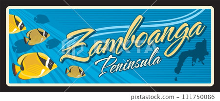 Zamboanga peninsula province of Philippines. Vector travel plate or sticker, vintage tin sign, retro vacation postcard or journey signboard, luggage tag. Souvenir plaque with map and fish Zamboanga peninsula province of Philippines. Vector travel plate or sticker, vintage tin sign, retro vacation postcard or journey signboard, luggage tag. Souvenir plaque with map and fish 111750086