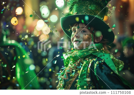 Child boy in green Leprechaun hat celebrating St. Patrick's Day outdoors with shamrock 111750108