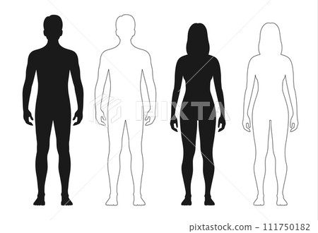 Human body silhouette, man and woman outline figure or patient front view, vector contour. Male and female anatomy model of body for medical line icon or health and medicine patient full body 111750182