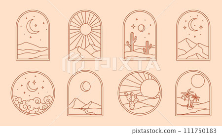 Boho desert and cactus, vintage bohemian oasis with mountain and sky landscape, vector window frames. Boho arches with thin line sun, moon and palm, summer night and clouds with stars in sky outline Boho desert and cactus, vintage bohemian oasis with mountain and sky landscape, vector window frames. Boho arches with thin line sun, moon and palm, summer night and clouds with stars in sky outline 111750183