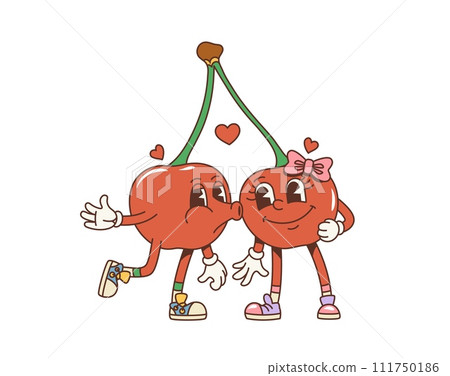 Cartoon retro valentine groovy cherry twins kissing characters. Isolated cute vector couple of berries sharing love. Comic nostalgic personages greeting and celebrate happy valentines day holiday Cartoon retro valentine groovy cherry twins kissing characters. Isolated cute vector couple of berries sharing love. Comic nostalgic personages greeting and celebrate happy valentines day holiday 111750186