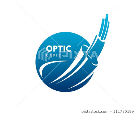 Fiber optic cable icon, technology. Isolated vector emblem with dynamic fibre wire broadband strand. Internet connection, telecommunication, high-speed data transmission and networking label with cord Fiber optic cable icon, technology. Isolated vector emblem with dynamic fibre wire broadband strand. Internet connection, telecommunication, high-speed data transmission and networking label with cord 111750199
