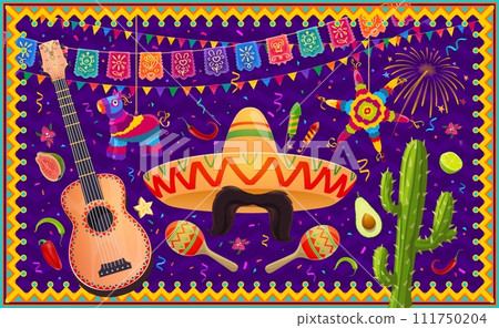 Mexican holiday banner with sombrero, pinata, papel picado flags, cactus and guitar. Cinco de Mayo or fiesta latin event celebration. Vector background with mustaches, maracas, fireworks and avocado 111750204