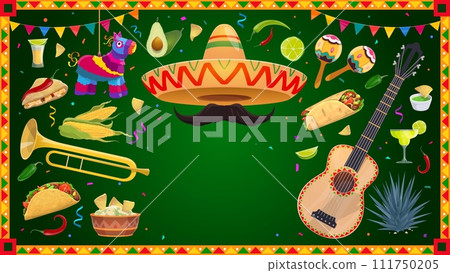 Mexican holiday banner frame with guitar and maracas, sombrero and pinata, national cuisine food. Vector border with traditional authentic festive items of Mexico, instruments, decor and tex mex food Mexican holiday banner frame with guitar and maracas, sombrero and pinata, national cuisine food. Vector border with traditional authentic festive items of Mexico, instruments, decor and tex mex food 111750205