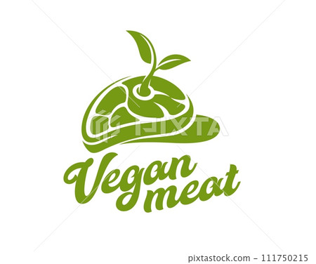 Vegan meat icon, vegetable plant steak. Isolated vector stylized silhouetted emblem with green leaf or sprout growing from of meatless beef cut. Organic plant-based cuisine, healthy vegetarian food 111750215